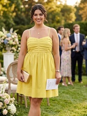 Hunter & Brown Yellow Pleated Bust Empire Waist Tie Back Cotton Mini Dress Large
